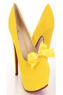 Yellow Faux Suede Bow Decor Platform Pump Heels By Amiclubwear 