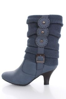 Navy Knitted Tier Sleeve Faux Leather High Ankle Boots @ Amiclubwear 