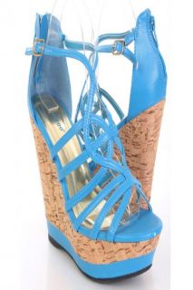 Turquoise Faux Leather Strappy Cork Platform Wedges @ Amiclubwear 