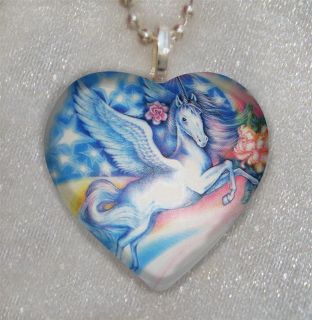   UNICORN Rainbow Horse Fantasy~HEART Shaped Glass Pendant Necklace