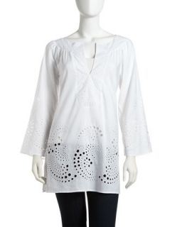 Eyelet Cutout Tunic, White   