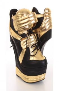 Black Gold Faux Leather Lace Up Front Sneaker Wedges @ Amiclubwear 