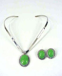 Vintage Green TURQUOISE NECKLACE & Earrings set 925 Sterling Silver 