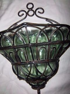   Wall Sconse Wrought Iron & Green Glass Wall Flower Planter Sconce