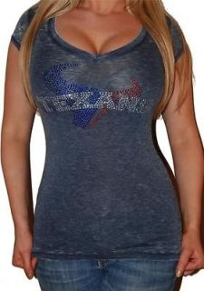 SEXY HOUSTON TEXANS RHINESTONE BLING STRETCH BURNT OUT T SHIRT TOP NEW 