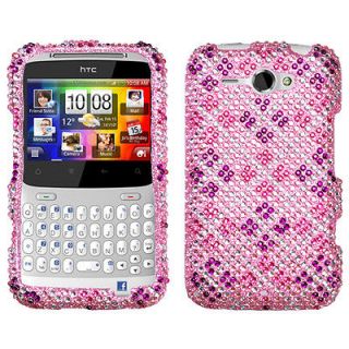 HTC Status/Chacha Case Cover Bling Rhinestones Plaid Hot Pink/Purple 