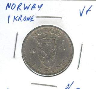 1957 NORWAY 1 KRONE VF COIN