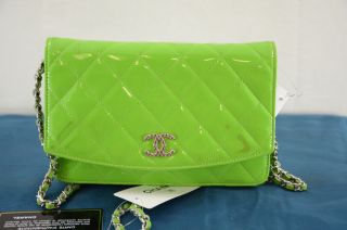 CHANEL 2012 LIGHT GREEN PATENT LEATHER WALLET ON CHAIN WOC CROSSBODY 