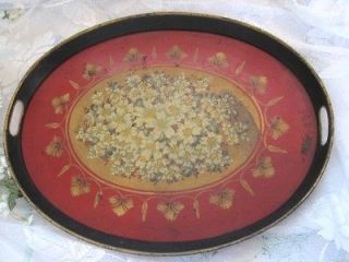 Antique French Hand Painted White Garden Floral Red Tole Tray, Made in 