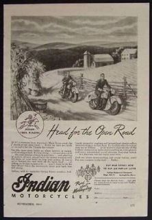WWII Indian Motorcycles vintage Ad *Head for the Open Road* 1944