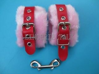 Red Pink Leather&Furry Hand Wrist Restraint Soft Cuffs H839