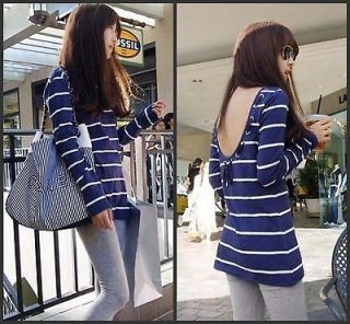 Womens Casual Stripe Fashion OL Backless Long Sleeve Top Blouse T 