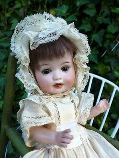  Old Antique German Bisque Head Baby Doll w/ Antique Wooden High Chair