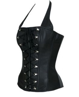 Sexy Black Leather Fully Steel Boned Halterneck Corset Goth Basque Top