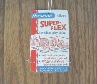1950s Horsman SUPER FLEX doll WRIST hang TAG