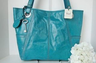 NWT Fossil Hathaway Turquoise Blue Leather Glazed Large Tote Handbag 