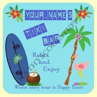   12 coasters PERSONALIZED WITH YOUR NAME SURF TIKI BAR MATS PALM TREE