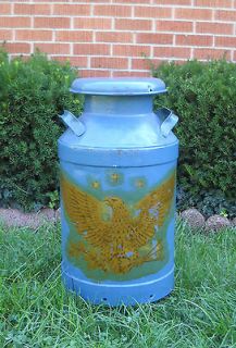 Vintage MILK Can Painted Blue w/ American Eagle Decal Metal Milk 
