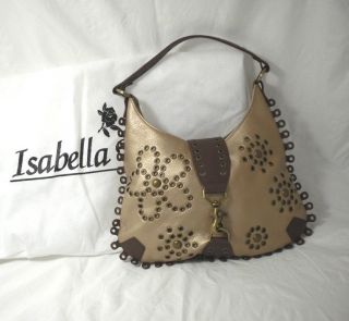 ISABELLA FIORE Brown Tan Gold Leather METALLIC Grommet FLOWER Purse 