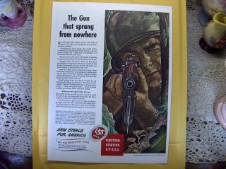 Vtg 1943 Ad Print USS Rifle Gun Barrel Sight WWII Helmet Americana 