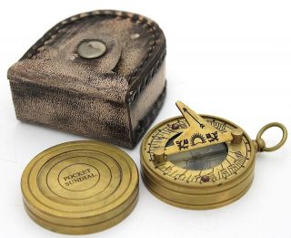Brass Ship Pocket Sundial Timer Compass with Leather Case
