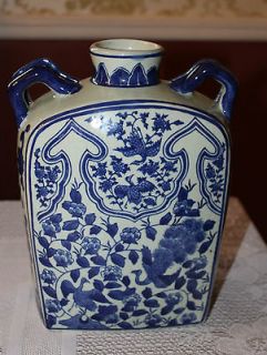Vintage Japanese large hand painted vase blue and white, unique double 