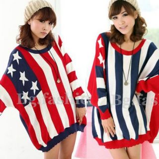   Loose Sweater American Flag Batwing Jumper Stripe Baggy Knitwear
