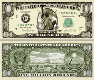 Lot 100 Realistic $1,000,000 Million Dollar Bill Statue of Liberty 