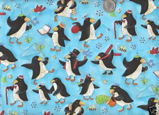 Newspaper Print Penguins/Bees/​Butterfly on Blue Fabric