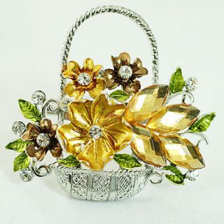 d9046 Decent Gold Flower Basket Silver Plated Leaf Gemstone Brooch Pin 