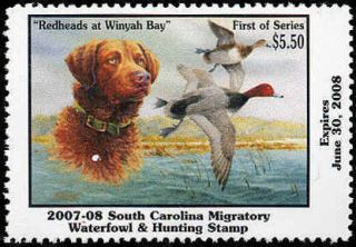SOUTH CAROLINA #27 2007 STATE DUCK STAMP REDHEAD/GOLDEN RETREIVER by 