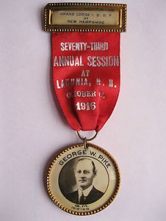   Odd Fellows George W Pike G.M Medal Ribbon Badge Pin Laconia, N.H