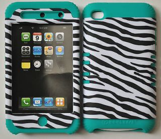   SILICONE RUBBER + COVER CASE FOR APPLE IPOD TOUCH 4 TEAL/B&W ZEBRA