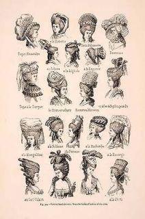 1876 Wood Engraving Headdress 18th Century Women Fashion Hats Bonnet 