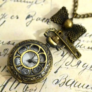 Vintage Mini Pocket Watch Necklace & Love Bow Knot
