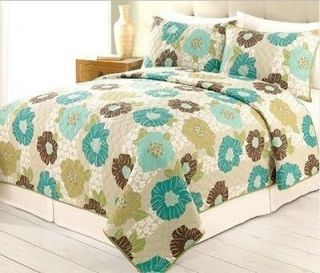 Home Classics Leah Floral Twin Quilt New Teal Green Brown Tan