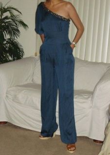 NWT Bebe womens one shoulder S 4 pantsuit jumpsuit rhinestone blue 