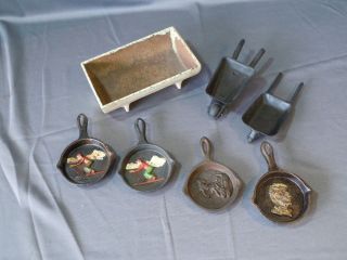   Lot Miniature Frying Pans Lincoln Skier Amish Trough Wheel Barrel