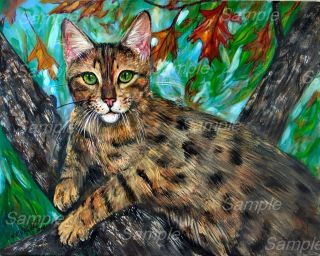 BENGAL CAT L/E#2/100 GICLEE Tabby Autumn Fall Tree Leaves Painting 