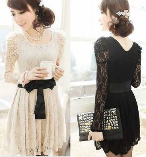 Fashion Women Sexy Long Sleeve Corset Bowknot Cocktail Evening Lace 