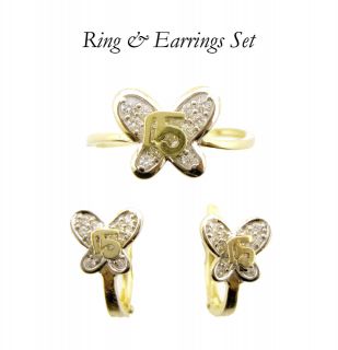   Gold Ring & Earrings Set Quinceanera 15 Theme for Teenagers, Kids
