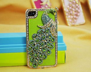 Green peacock diamond pu skin hard case cover for iphone 4 4g 4S 