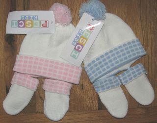 Knitted Baby Bobble Hat and Mittens White with either Blue or Pink 3 