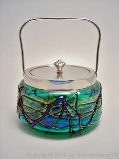   nouveau IRIDESCENT blue glass jar PALLME KOENIG loetz kralik VASE bowl