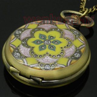 Pink Jade Crystal Quartz Big Pocket Watch Necklace Pendant Chain Mens 