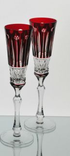 Faberge Xenia Ruby Red Cut to Clear Crystal Champagne Wine Flutes 