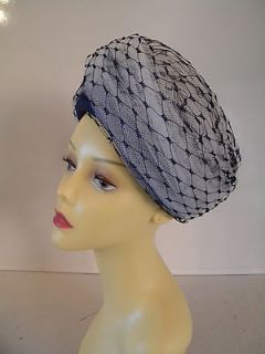 Vintage Hat Turban Silk & Net Navy White Wedding Occasion Mad Men1850 