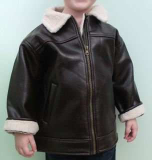 Boys Brown Aviator Flying Flight Bomber Jacket Faux Leather Fur Lined