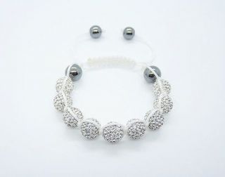   White Shamballa 9 Disco Ball 10mm Crystal Bead Adjustable Bracelet