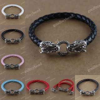   Punk Gothic Silver Plated China Dargon Head Clasp Leather Bracelet 8